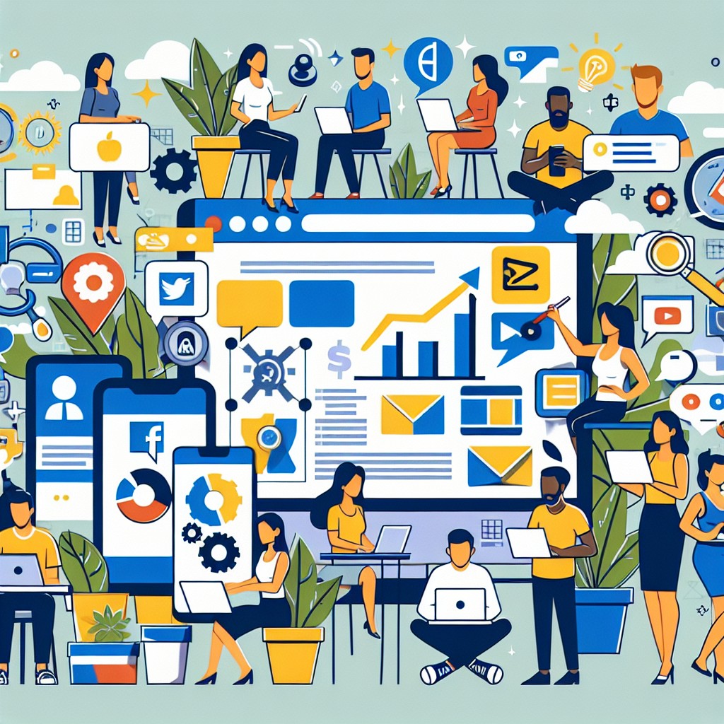 Illustration d'une PME utilisant des outils de marketing digital sur différentes plateformes pour accroître sa visibilité et ses ventes.