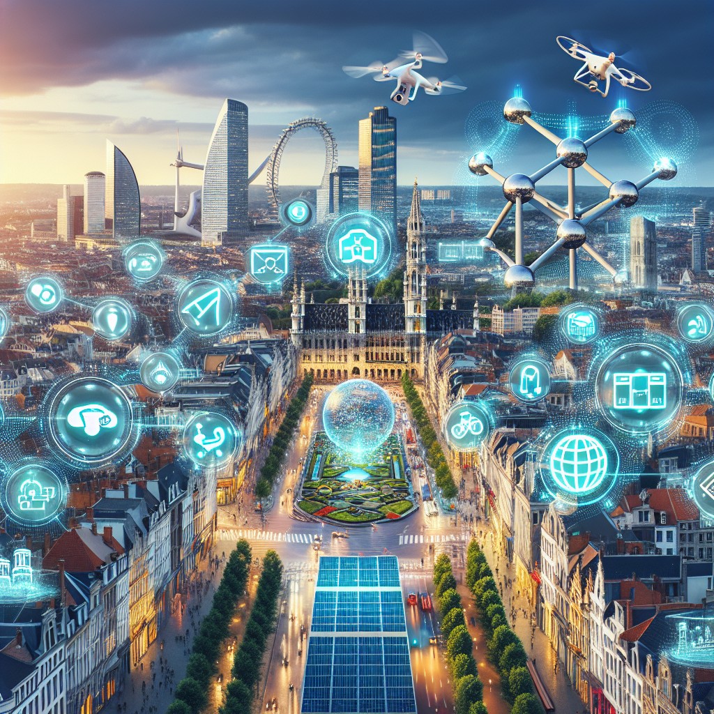 Vue aérienne de Bruxelles intégrant des éléments technologiques symbolisant le smart tourisme.