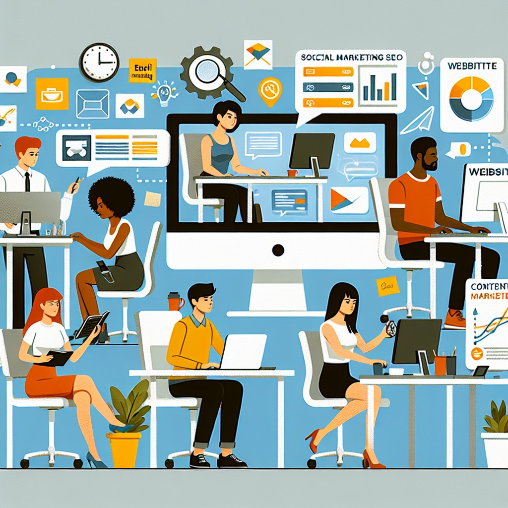 Illustration d'une PME utilisant des outils de marketing digital sur un ordinateur.
