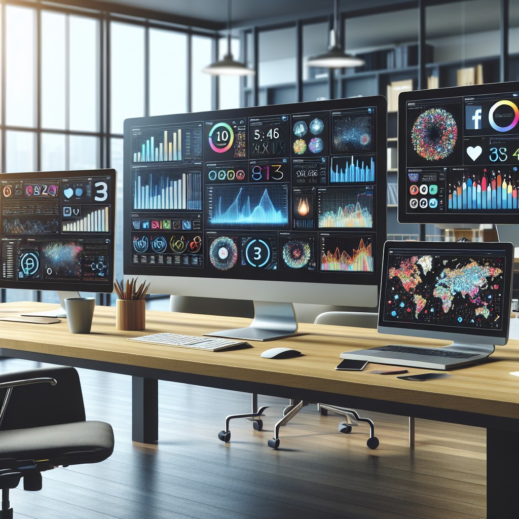Photo d'un bureau moderne avec des écrans affichant des outils d'analytics et de gestion de réseau social.