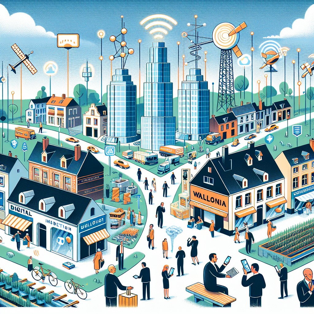 Illustration montrant la modernisation digitale en Wallonie avec des infrastructures numériques et entreprises en transformation.