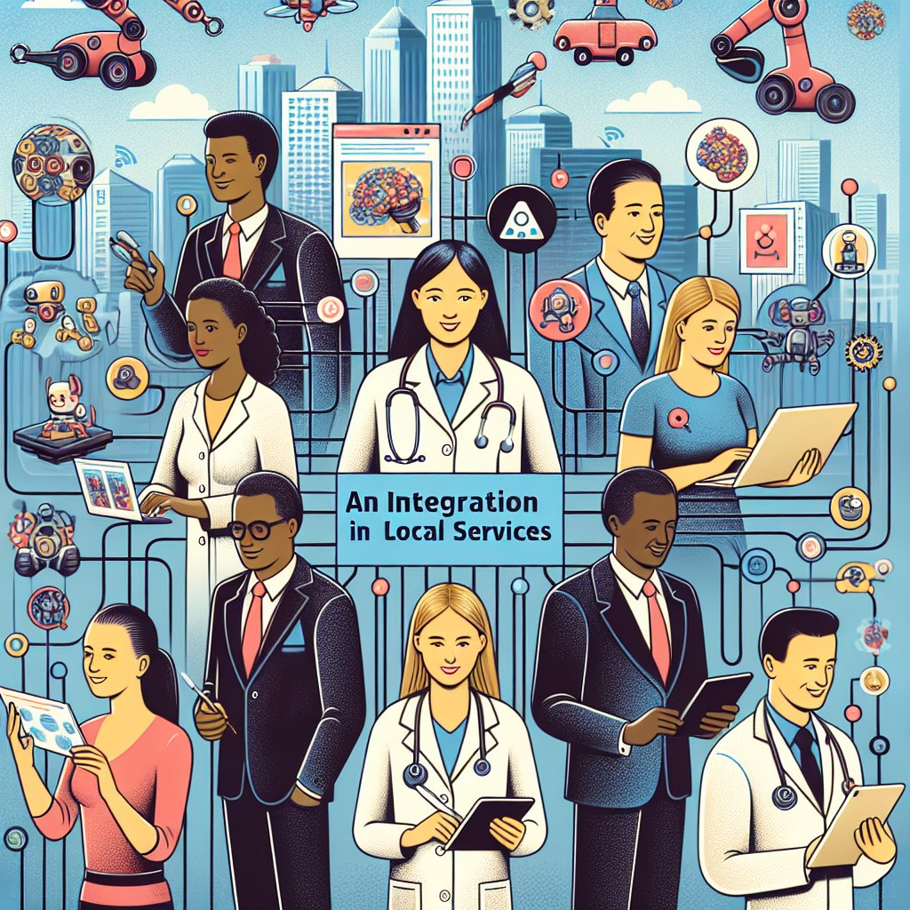 Couverture illustrant l'intégration de l'IA dans les services locaux avec divers secteurs d'activité.