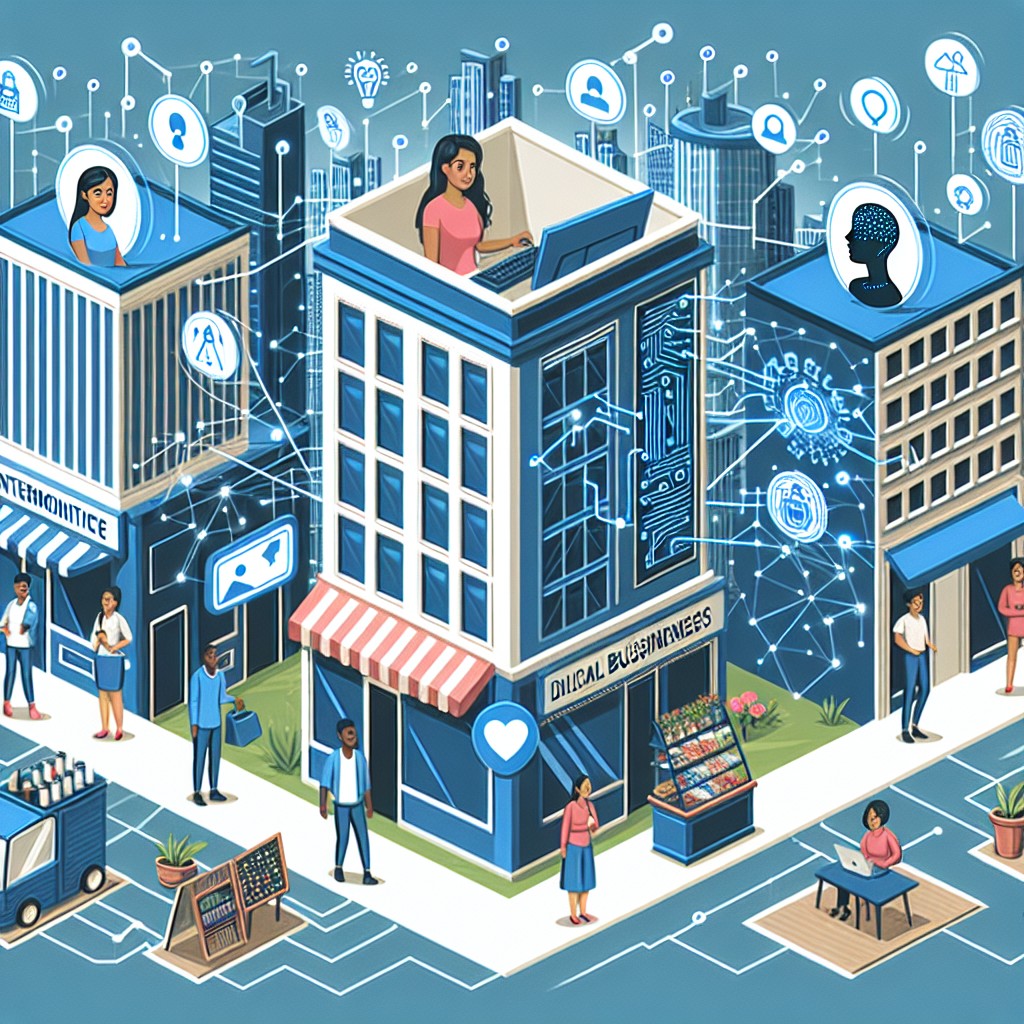 Illustration montrant l'interaction entre l'intelligence artificielle et les petites entreprises locales dans un cadre urbain numérique.