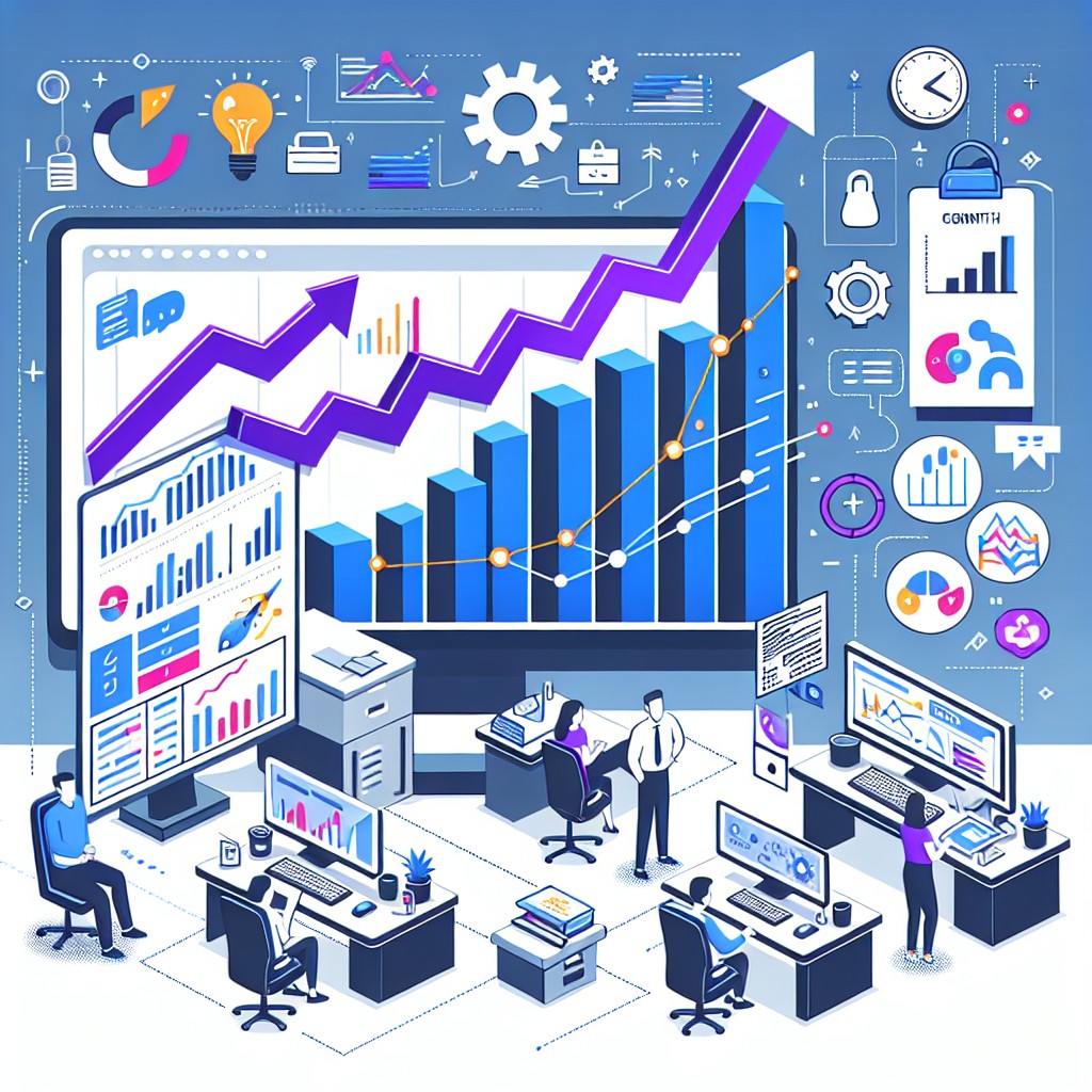 Image d'une PME en pleine expansion numérique, illustrant des graphiques de croissance et des outils digitaux.