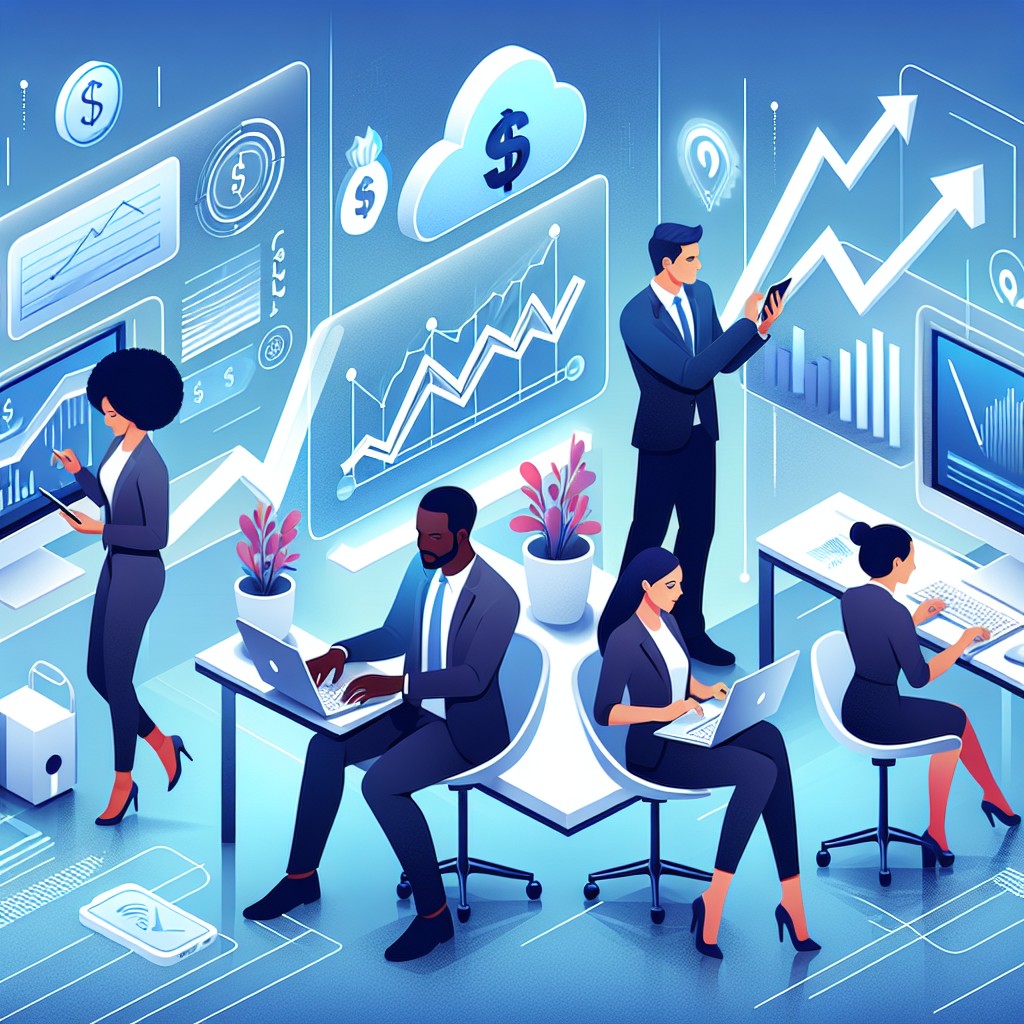 Illustration moderne d'une entreprise digitale, symbolisant la stratégie budgétaire en ligne réussie.