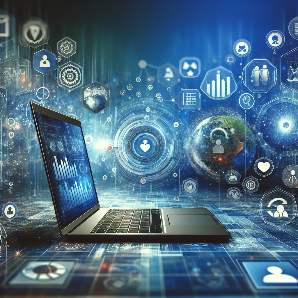 Une illustration montrant divers aspects du marketing digital, incluant des graphiques, des icônes de réseaux sociaux et un ordinateur portable avec des graphiques analytiques.