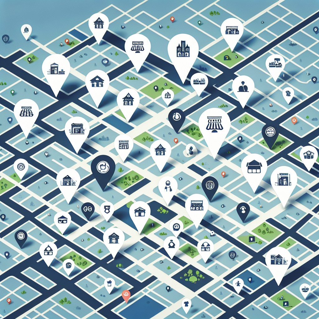 Vue d'une ville avec des entreprises locales se démarquant sur une carte numérique.