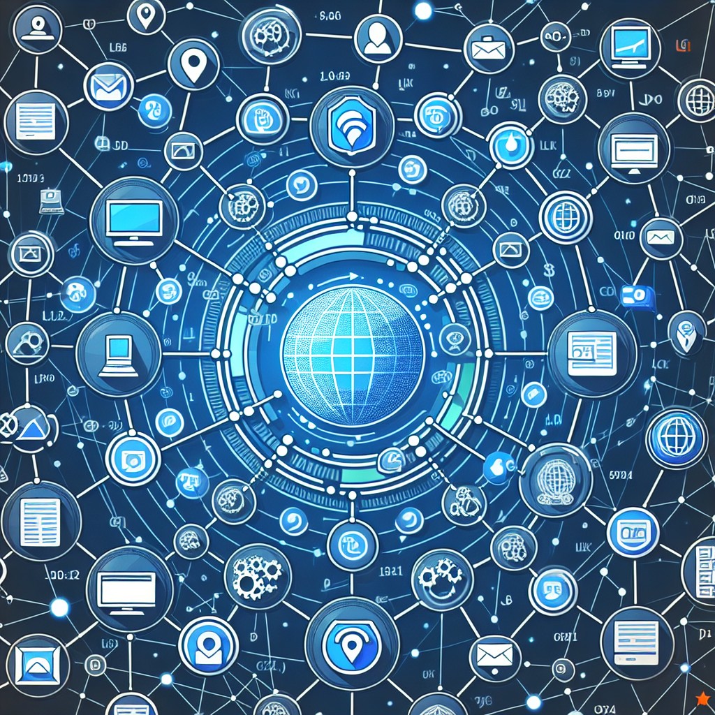 Illustration d'un réseau complexe de liens connectant différents sites web, symbolisant une stratégie efficace de netlinking.