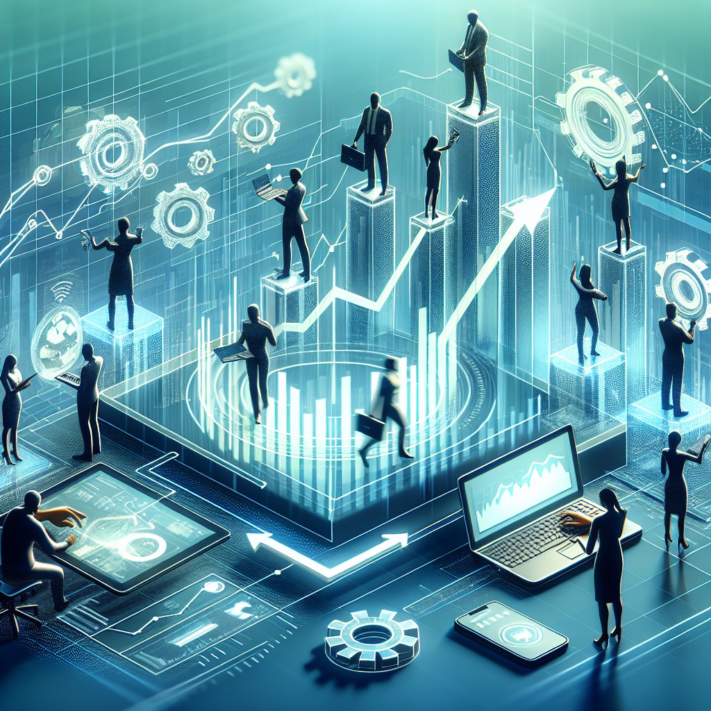 Couverture numérique représentant une PME en pleine transformation digitale avec des outils modernes et des graphiques de croissance.