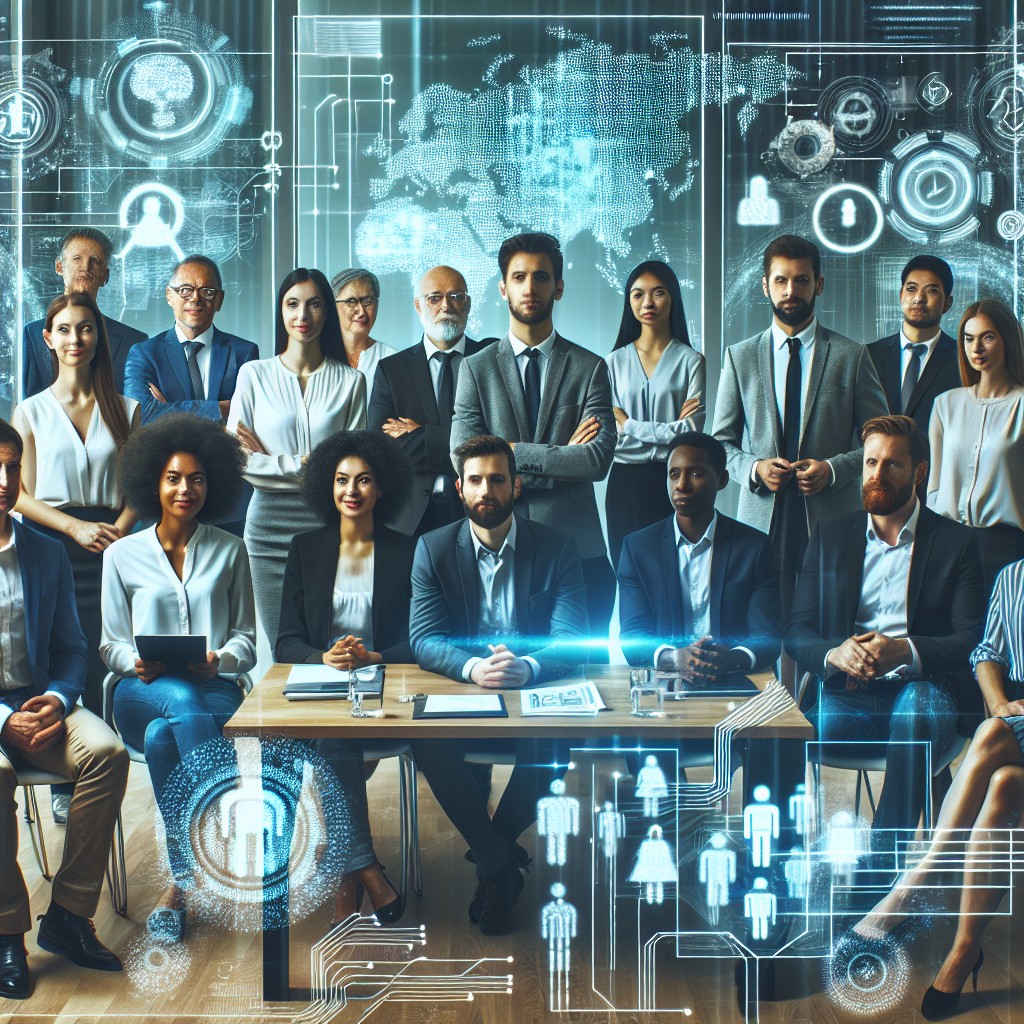 Des entrepreneurs en réunion, entourés de graphiques numériques et d'écrans, symbolisant la transformation digitale des PME.