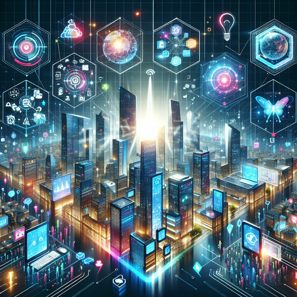 A vibrant, futuristic graphic illustrating digital transformation and web innovation tools for businesses.