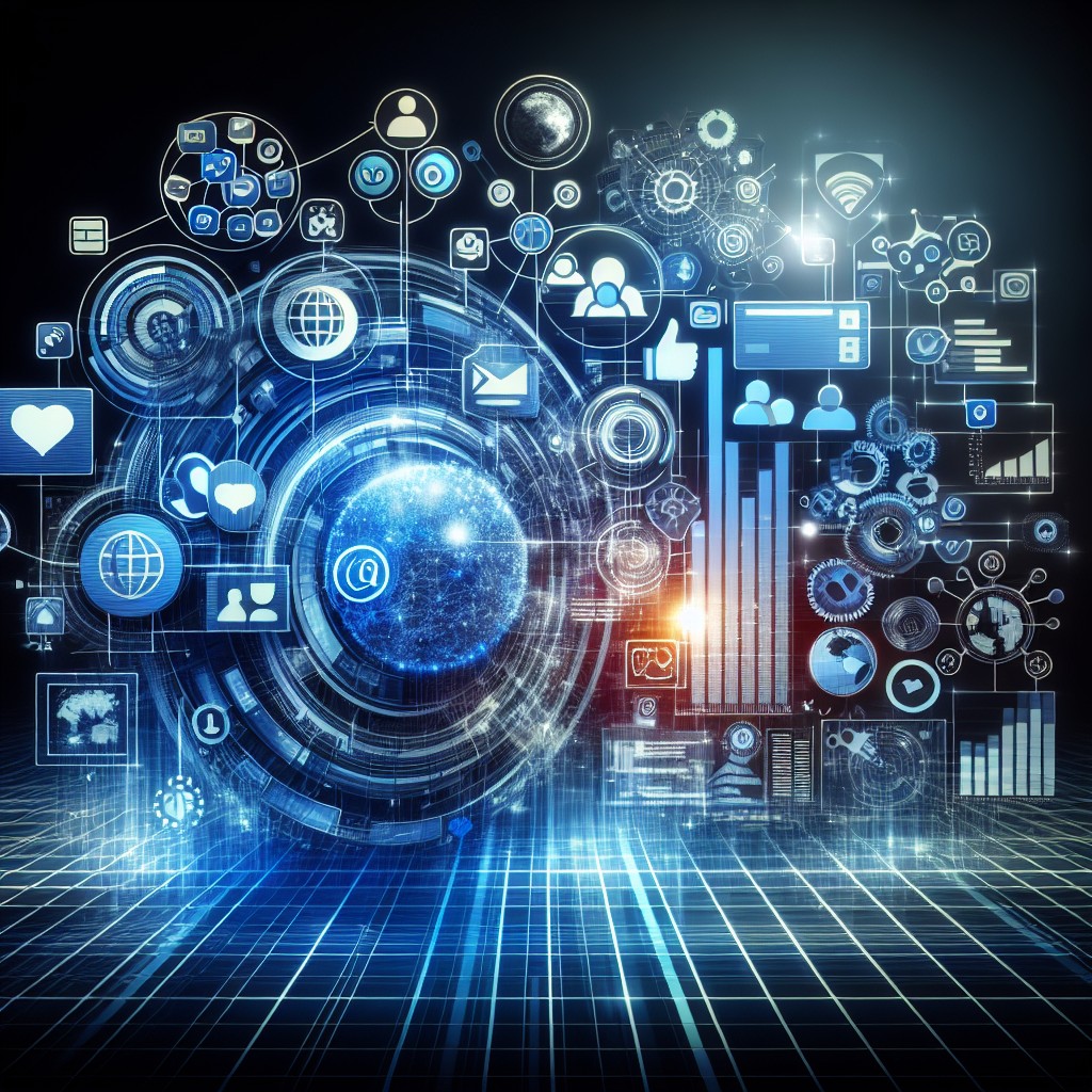 Une image dynamique représentant une présence digitale avec des éléments de réseaux sociaux, sites web et outils d'analyse.