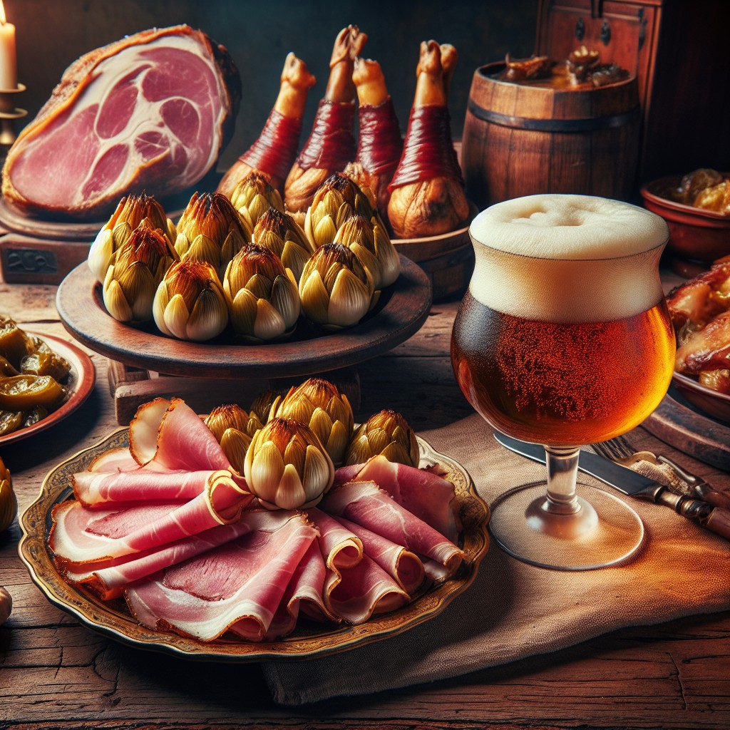 Image de plats traditionnels wallons avec endives au jambon et bière artisanale