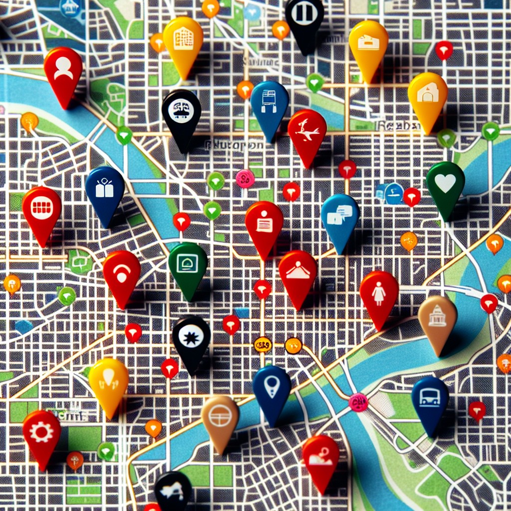 Une carte d'une ville avec des épingles symbolisant les entreprises locales bien référencées