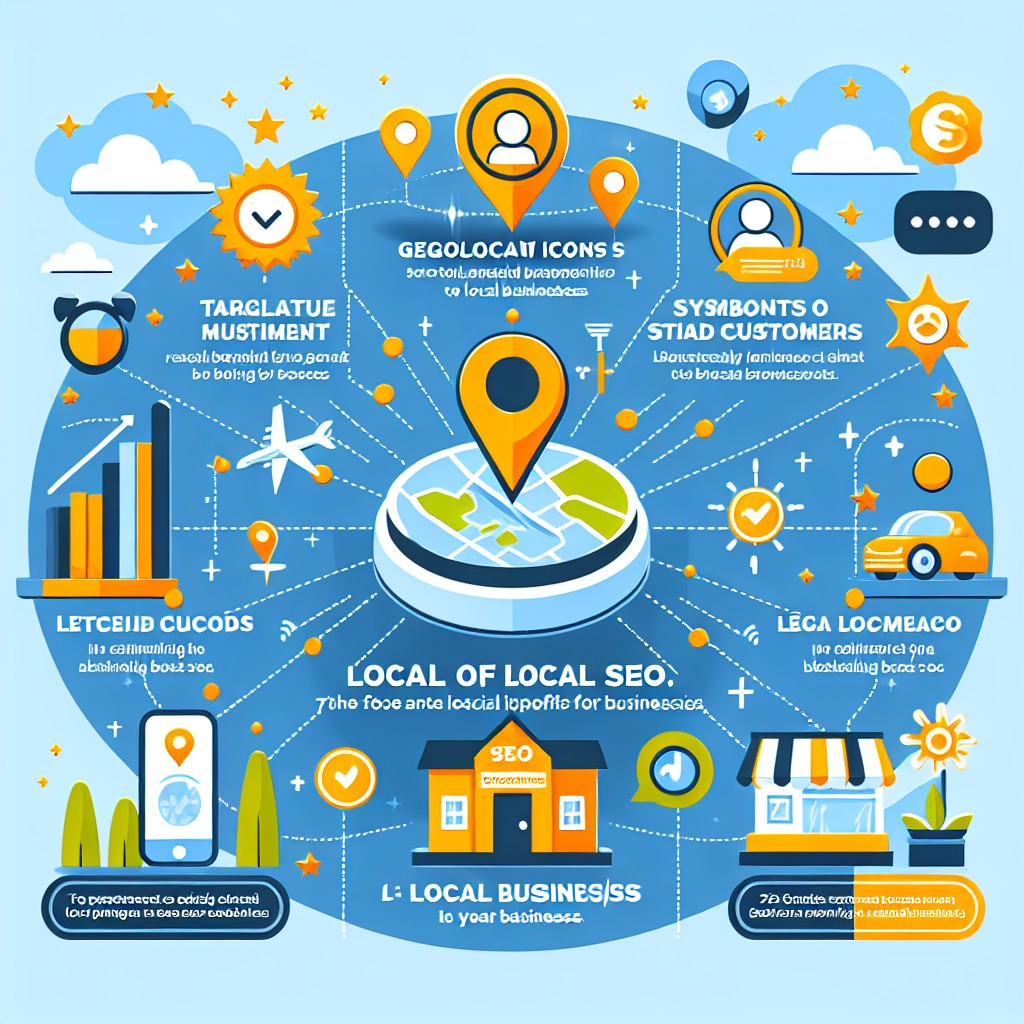 Un graphique montrant l'impact positif du référencement local sur les entreprises locales en 2024, avec des icônes de géolocalisation et de clients satisfaits.