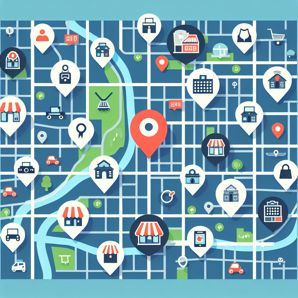 Carte d'une ville avec des icônes de magasins locaux illustrant le référencement local