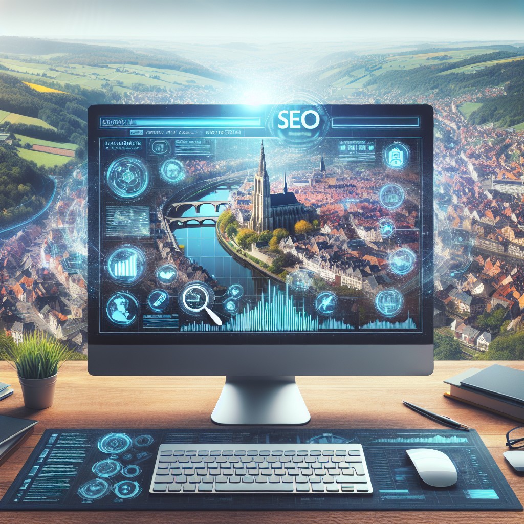 Vue panoramique de la Wallonie avec un écran d'ordinateur montrant des graphiques de SEO en superposition, symbolisant l'optimisation du référencement naturel dans la région
