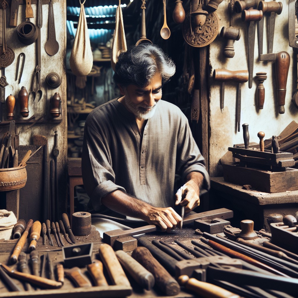 Artisan au travail dans un atelier traditionnel avec outils et matériaux authentiques