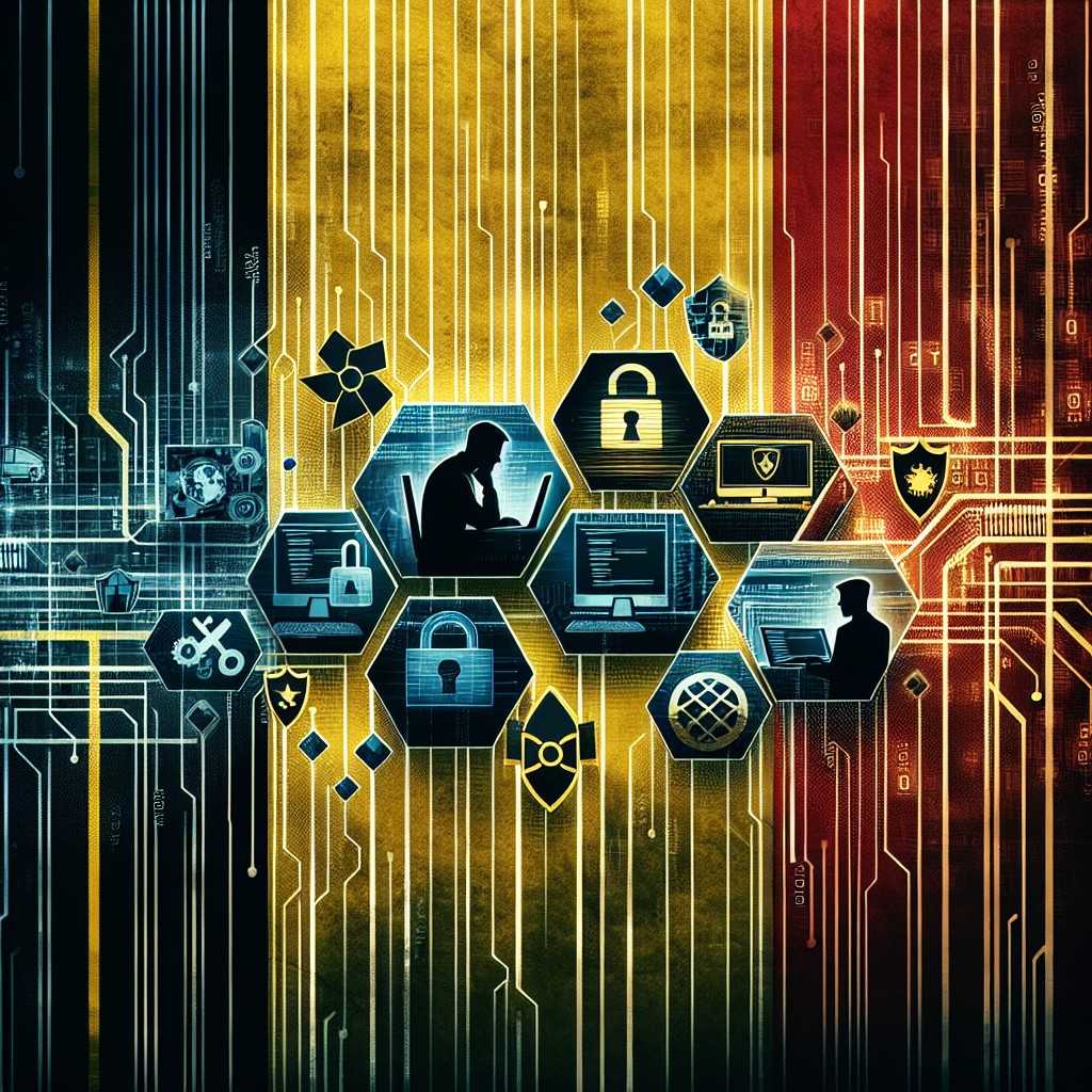 Un collage affichant des éléments de cybersécurité avec un drapeau belge en arrière-plan