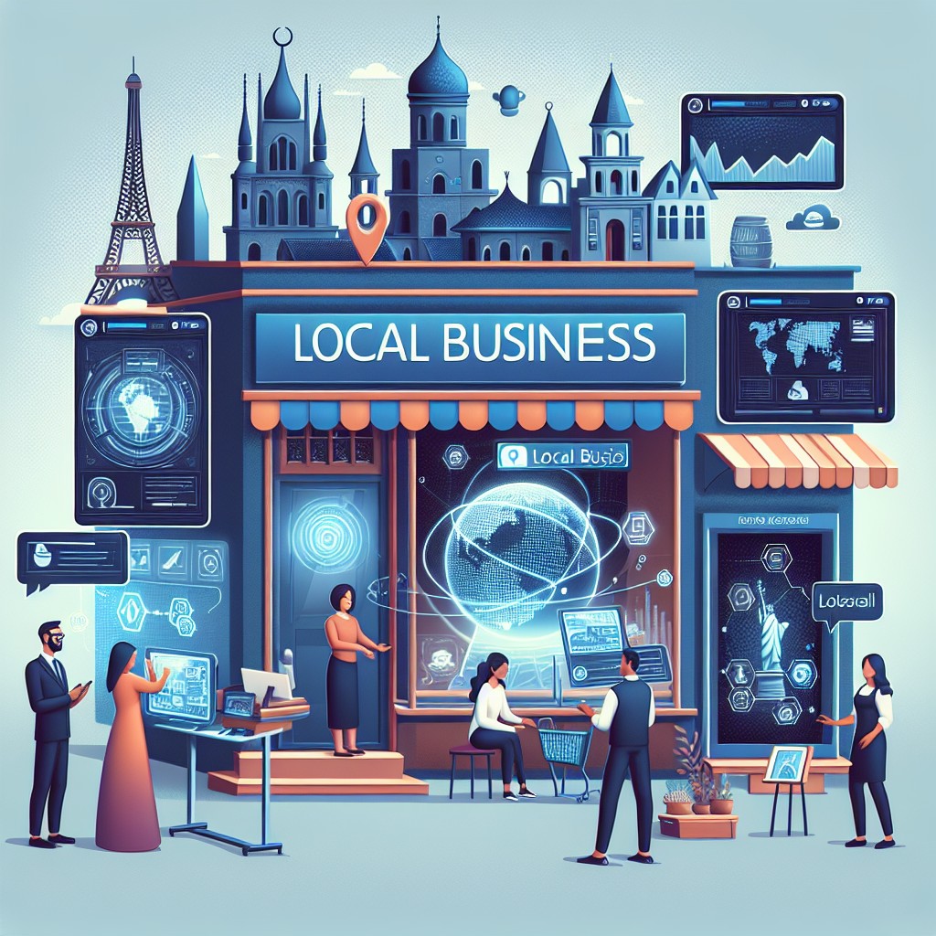Illustration d'une entreprise locale se connectant numériquement avec le monde à travers des outils technologiques modernisés.
