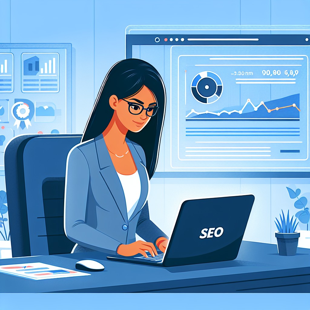 Image de couverture montrant un petit entrepreneur utilisant un ordinateur avec des graphiques de performance SEO en arrière-plan
