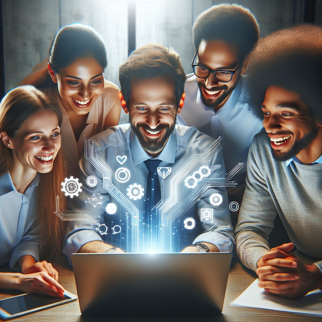 Cliché d'une équipe de professionnels échangeant autour d'un ordinateur portable moderne, symbolisant l'innovation numérique et la transformation digitale.