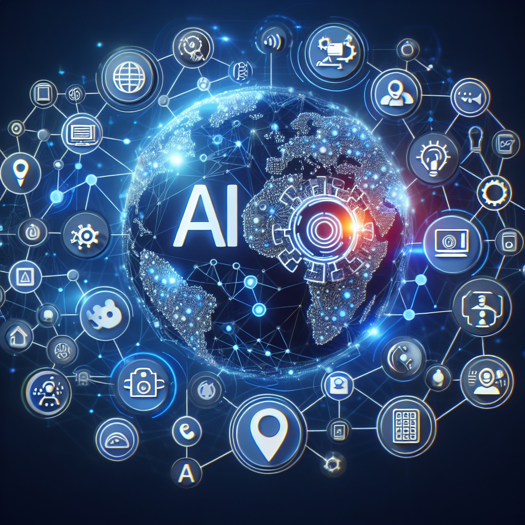 Image présentant l'impact de l'intelligence artificielle sur le référencement local, illustrant des outils technologiques connectés à un réseau mondial.