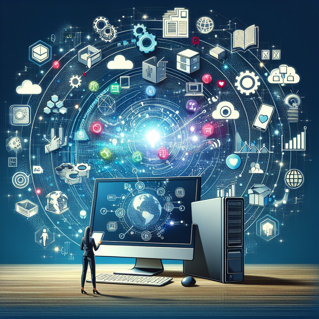 Une PME évoluant grâce à des technologies digitales modernes, représentée par un ordinateur et des icônes de solutions numériques.