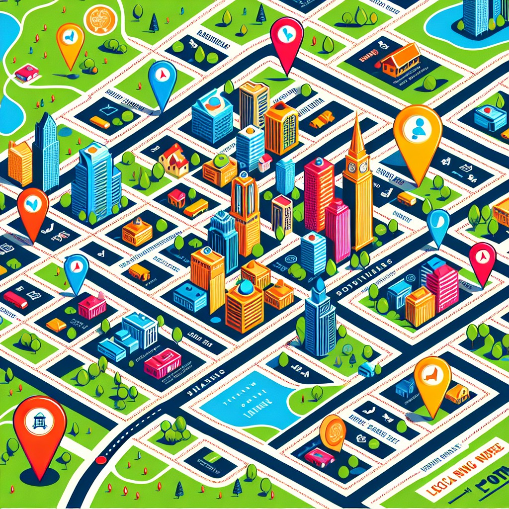 Plan de ville avec points d'intérêts représentant des entreprises locales boostées par SEO