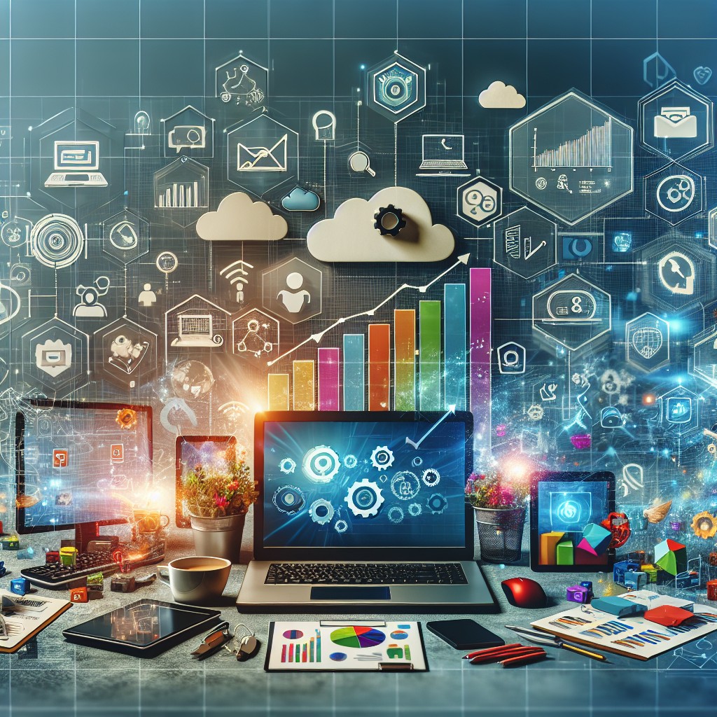 Illustration représentant la transformation numérique des PME, avec des éléments comme des ordinateurs, des outils digitaux et des graphiques de croissance.