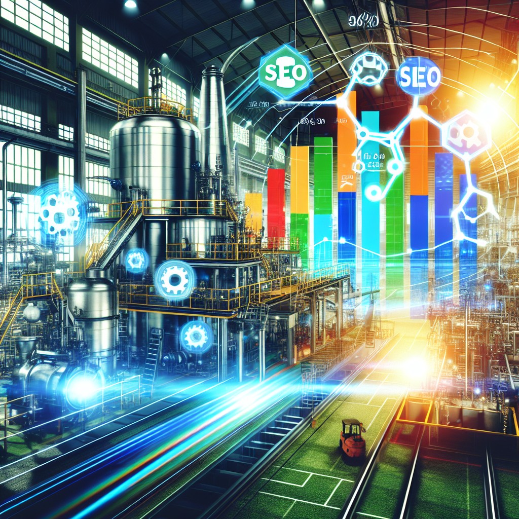 Image représentant une PME industrielle avec des graphiques de croissance SEO sur fond digital.