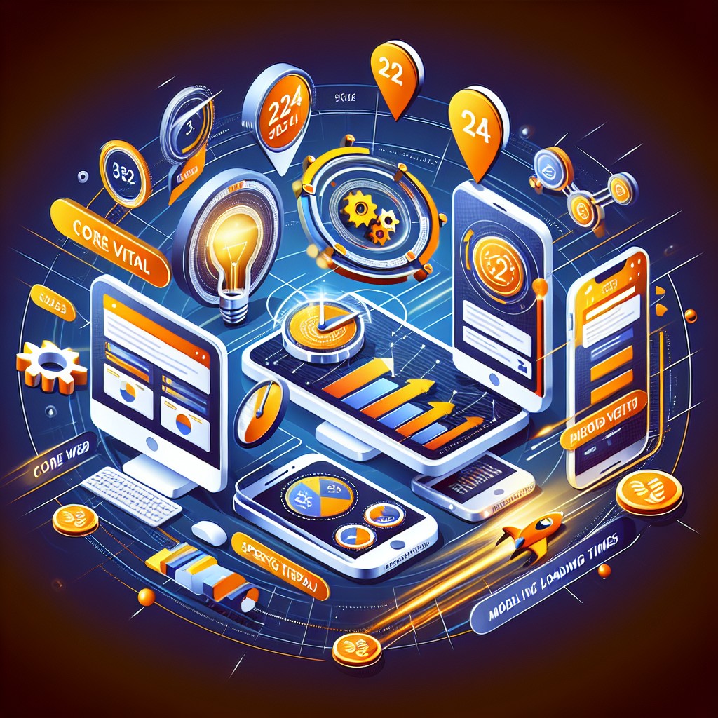 Image montrant différents éléments de SEO en 2024 comme les Core Web Vitals, les outils de recherche de mots-clés et les techniques d'optimisation mobile.