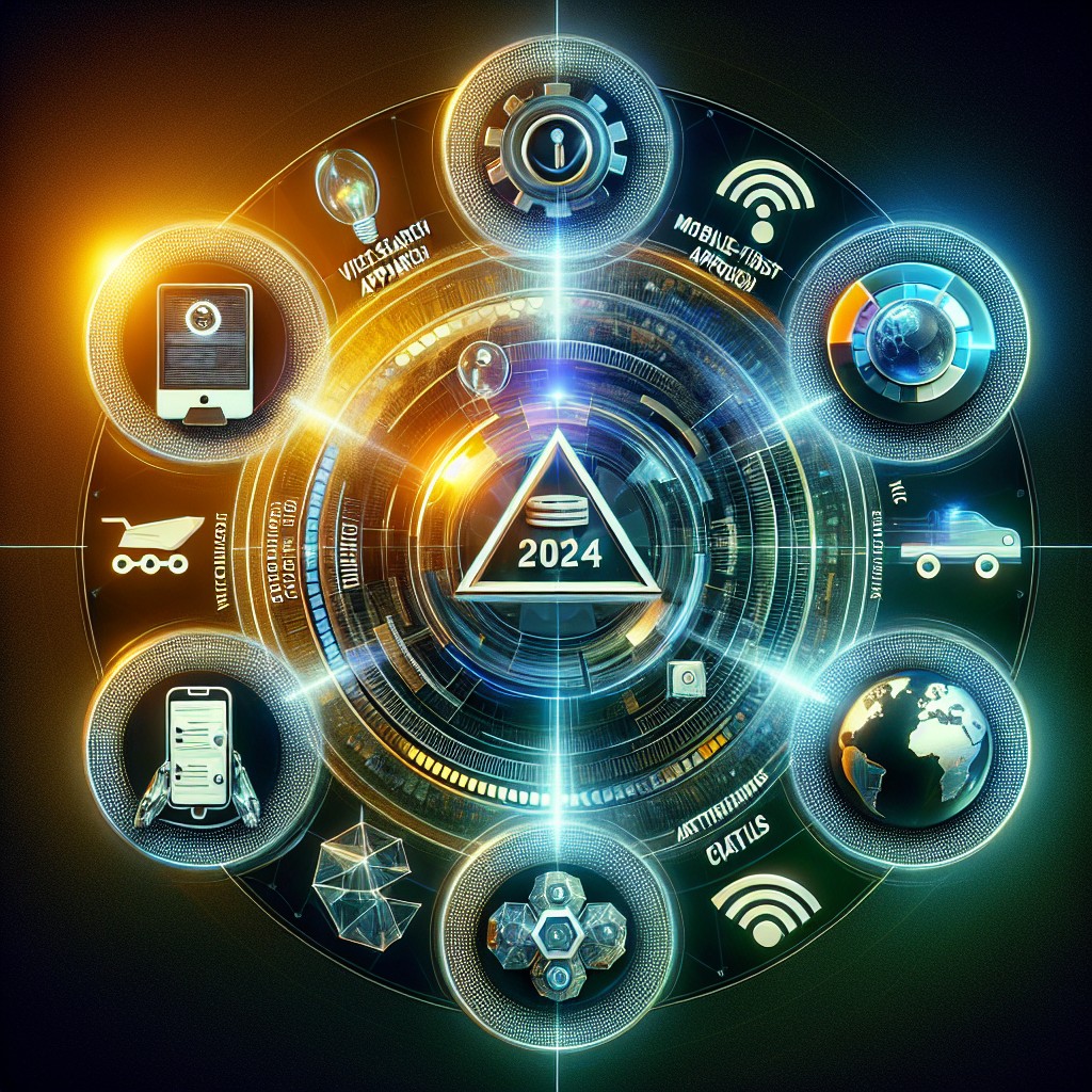 Image représentant les tendances SEO 2024, avec des éléments symbolisant la recherche vocale, la priorité mobile, l'intelligence artificielle, et les Core Web Vitals.