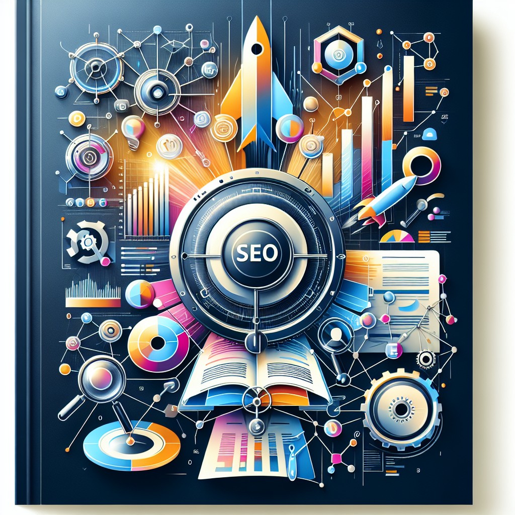 Image de couverture illustrant des concepts de SEO, avec des éléments graphiques représentant des moteurs de recherche et des stratégies d'optimisation.
