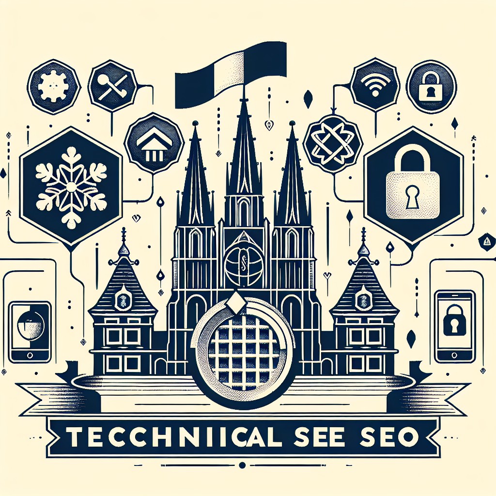 Une illustration montrant l'importance du SEO technique en Belgique, avec des icônes représentant la vitesse de chargement, la sécurité, et l'accessibilité mobile.