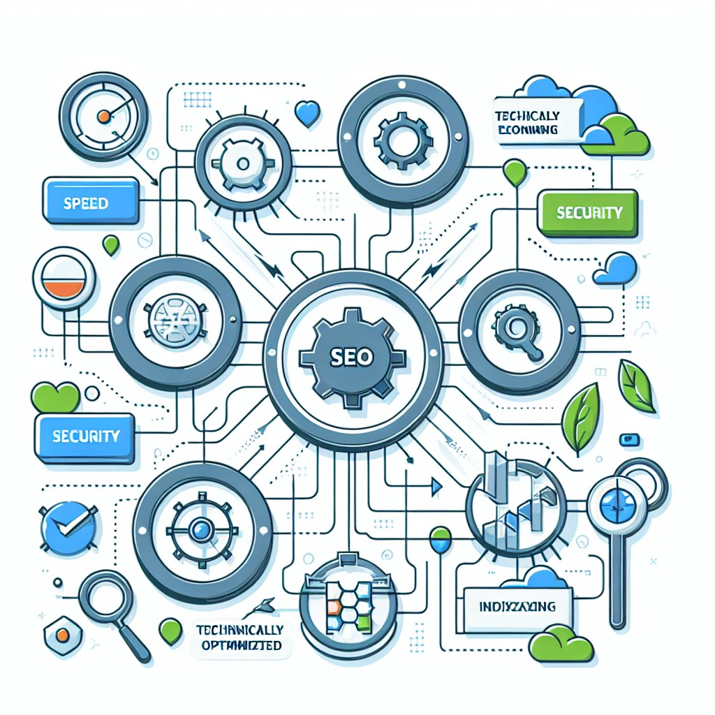Couverture montrant un diagramme de site web optimisé pour le SEO technique, avec des éléments comme la vitesse, la sécurité et l'indexation.