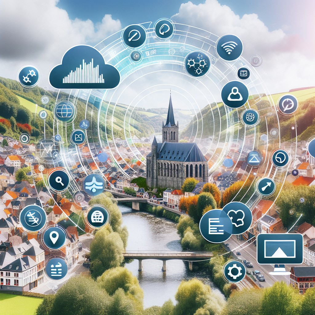 Vue pittoresque de la Wallonie avec divers éléments digitaux représentant le SEO