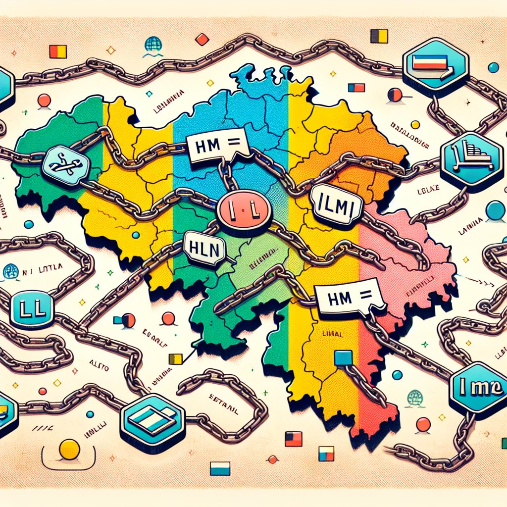 Une carte de la Belgique avec des icônes représentant des liens HTML, symbolisant la stratégie de liens à travers différentes régions linguistiques.
