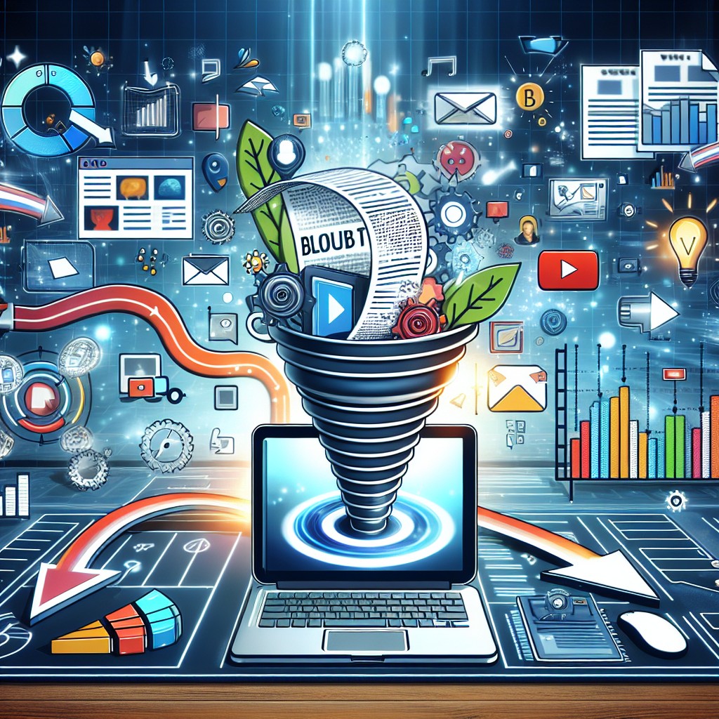 Image illustrant une stratégie de contenu digital pour PME avec divers médias comme des blogs, vidéos et infographies.