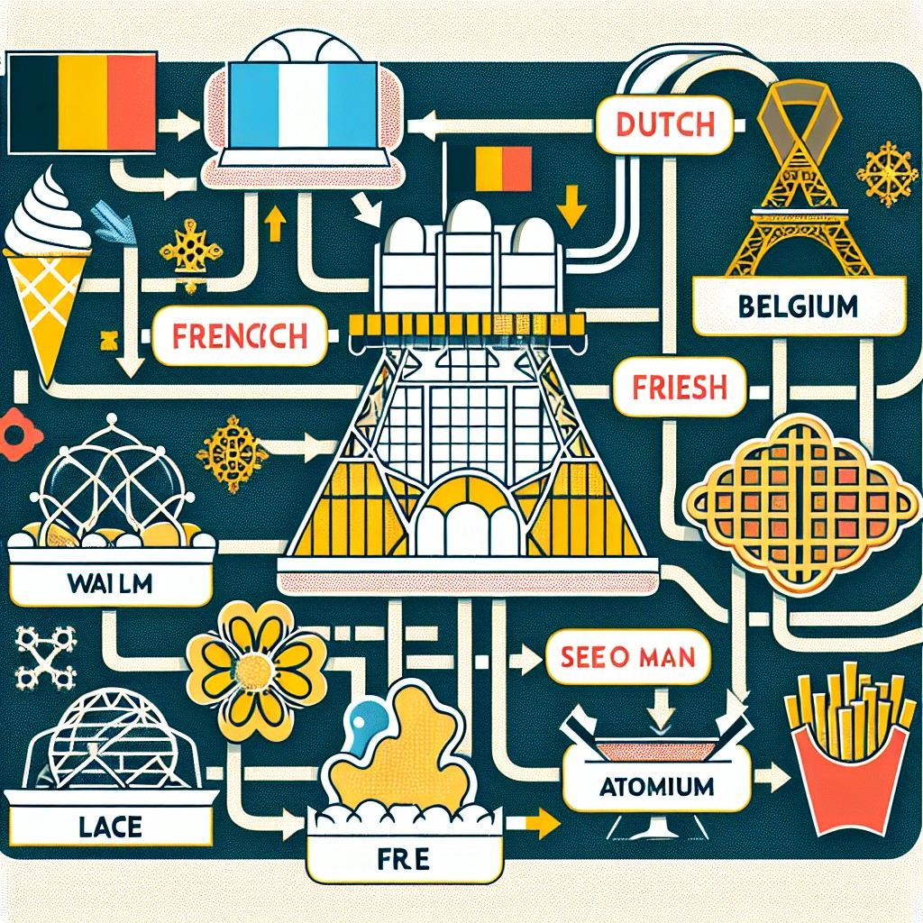 Illustration de l'optimisation SEO avec des éléments spécifiques à la Belgique : multilinguisme, cartes régionales et symboles culturels.