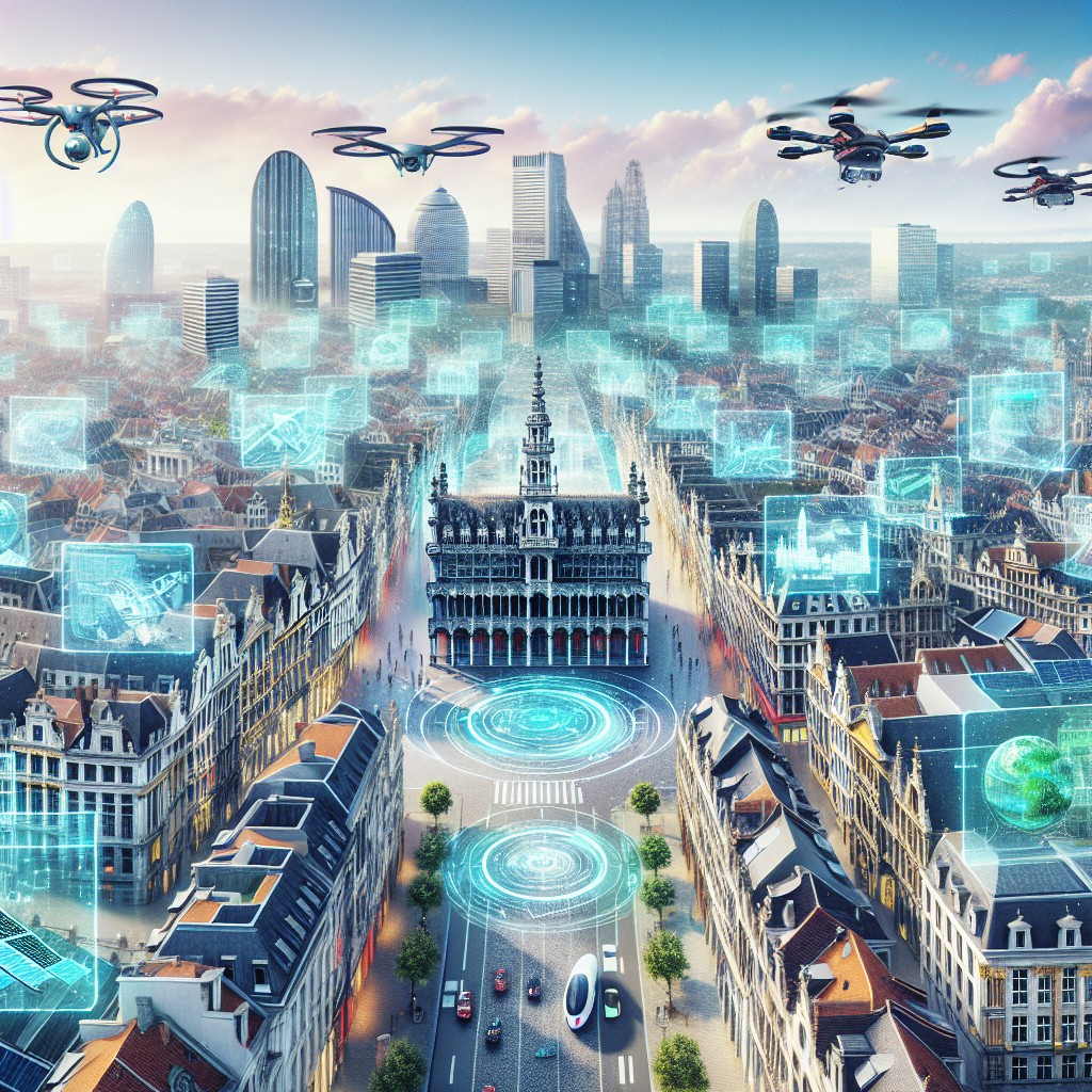 Vue aérienne de Bruxelles avec des éléments technologiques illustrant l'innovation.