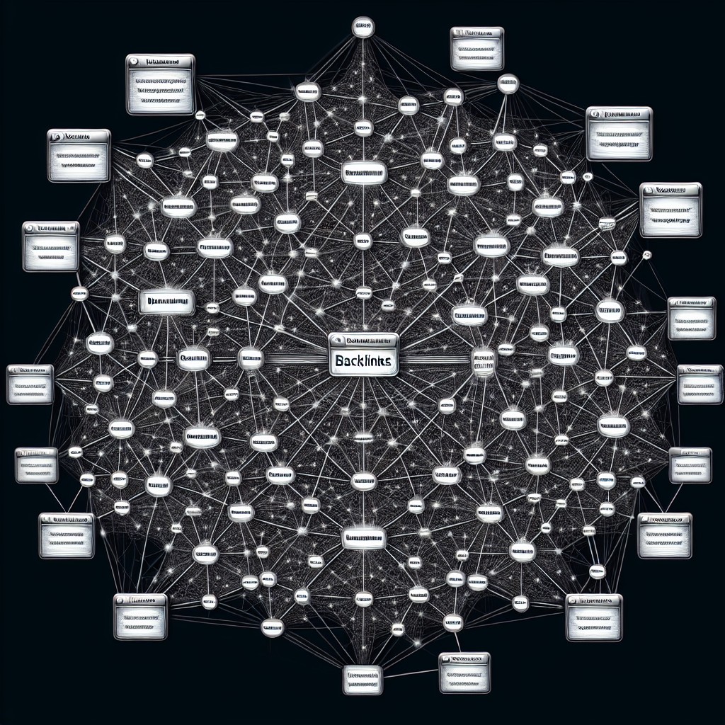 Illustration de la toile complexe des backlinks dans la stratégie SEO, représentant des liens interconnectés entre différents sites web.
