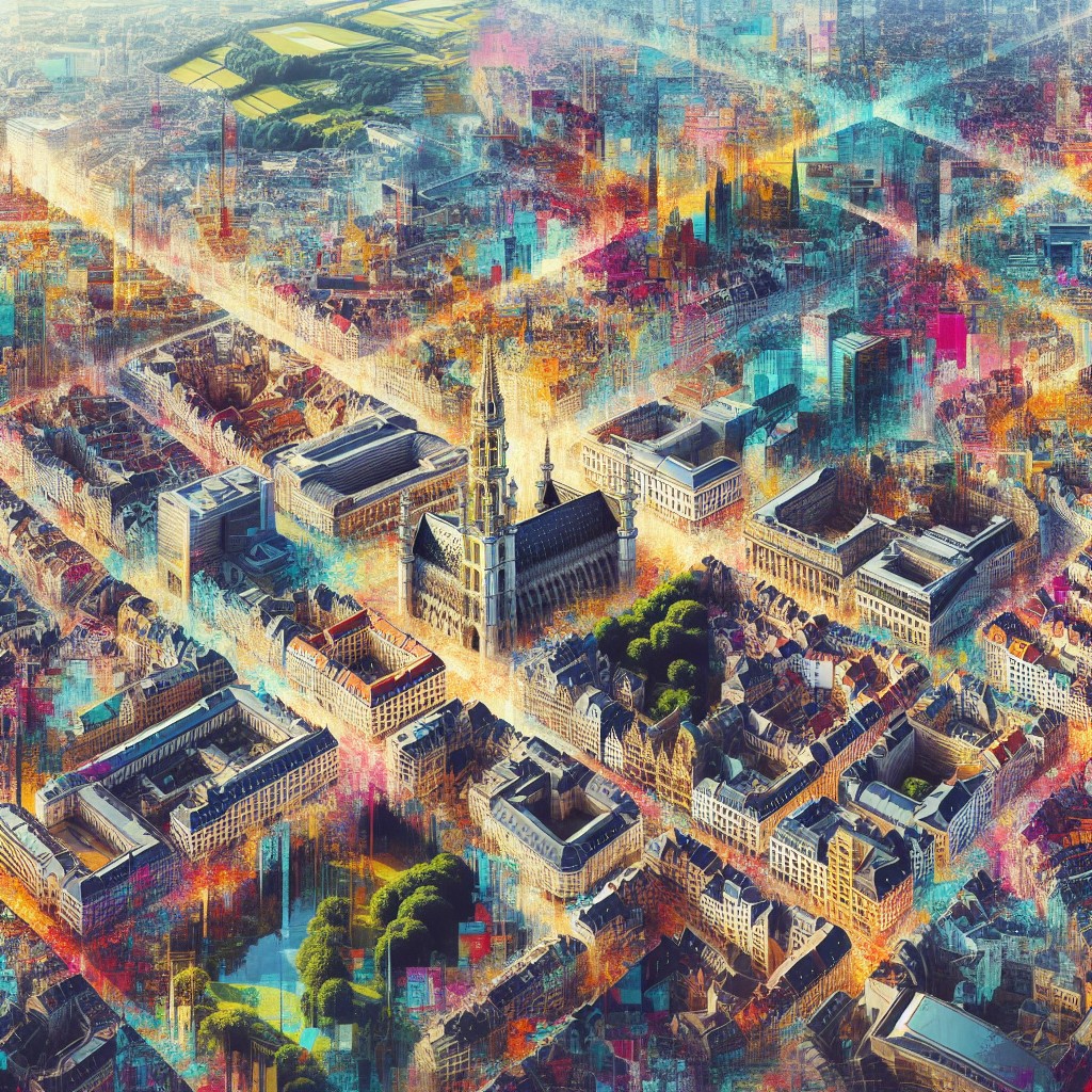 Vue aérienne de Bruxelles intégrée dans un collage numérique vibrant.