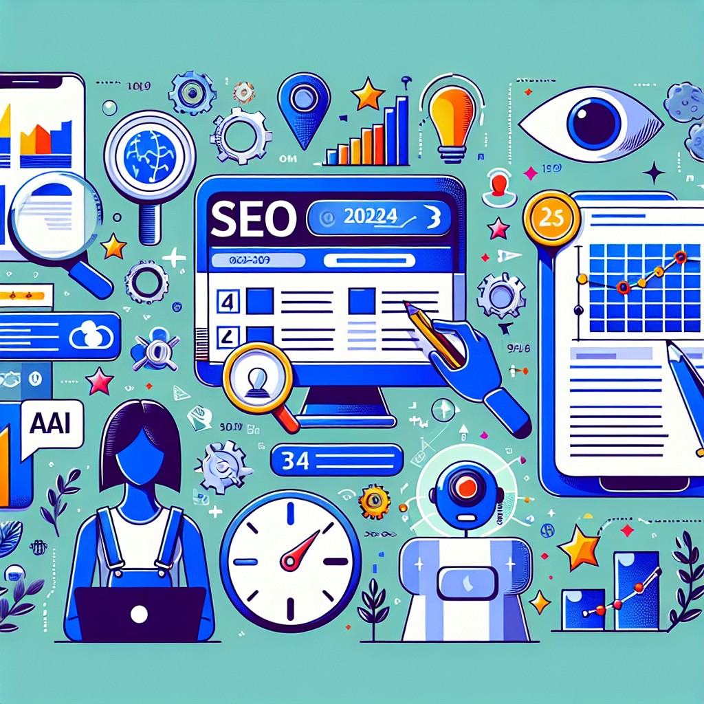 Graphique représentant diverses tendances SEO pour l'année 2024, incluant la personnalisation des SERP et l'utilisation de l'IA.