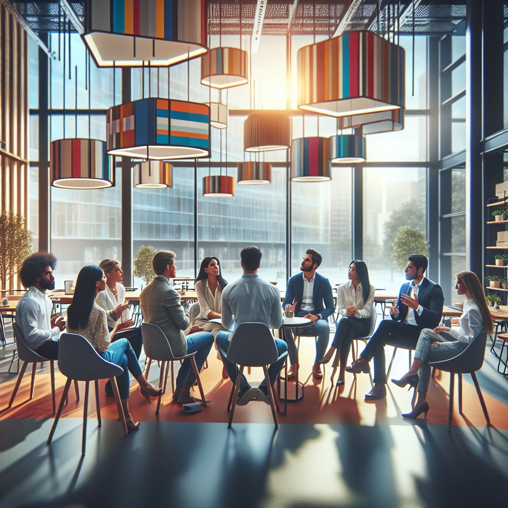 Une image montrant un groupe d'entrepreneurs wallons discutant dans un espace de co-working moderne, symbolisant l'innovation et la collaboration.