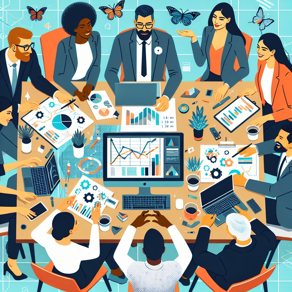 Couverture montrant des professionnels en pleine discussion autour de graphiques et d'ordinateurs, symbolisant la transformation et l'innovation au sein d'une PME.