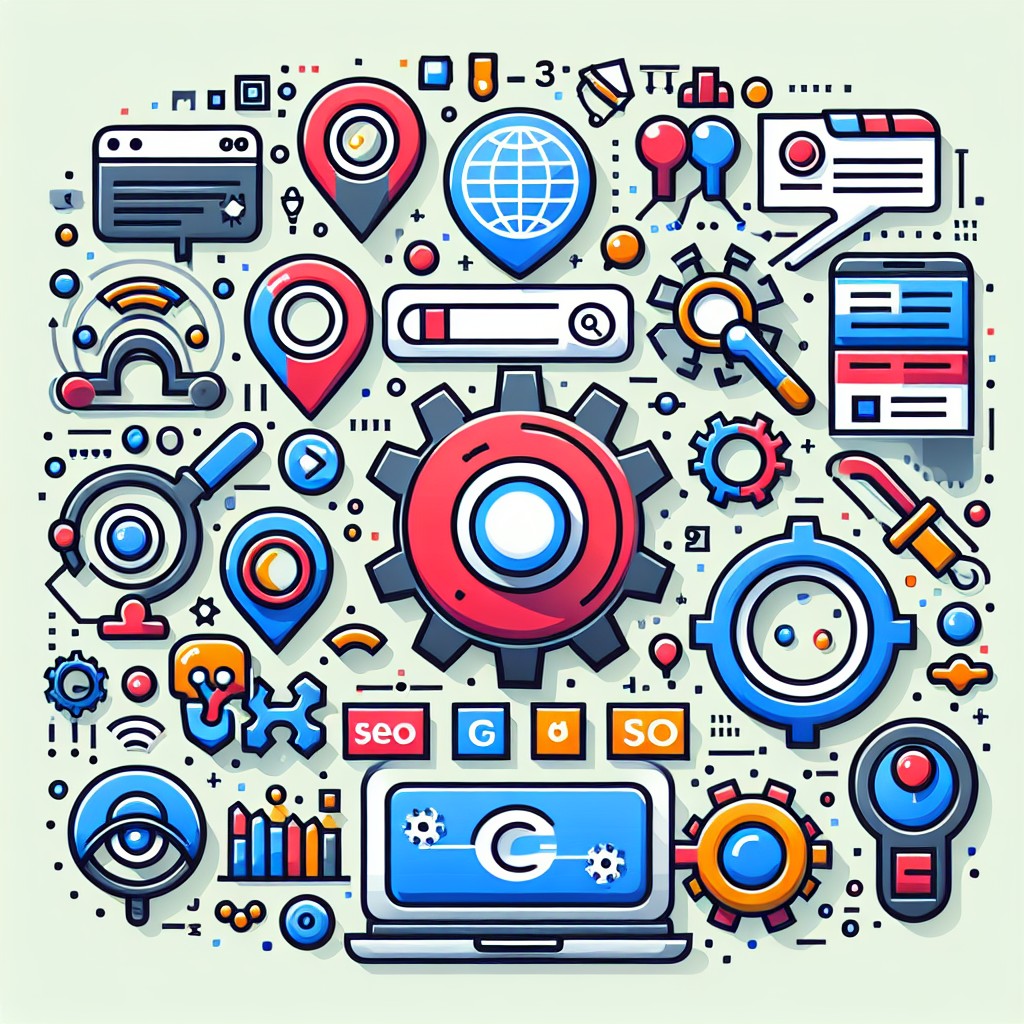 Un graphique illustrant les dernières tendances du SEO avec des icônes représentant des moteurs de recherche, des mots-clés et des concepts de machine learning.