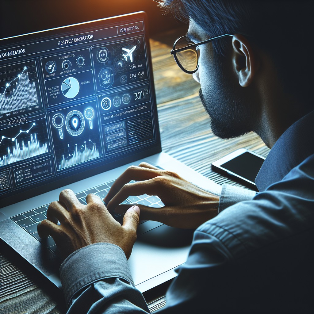 Personne travaillant sur un ordinateur portable avec des graphiques de SEO à l'écran.