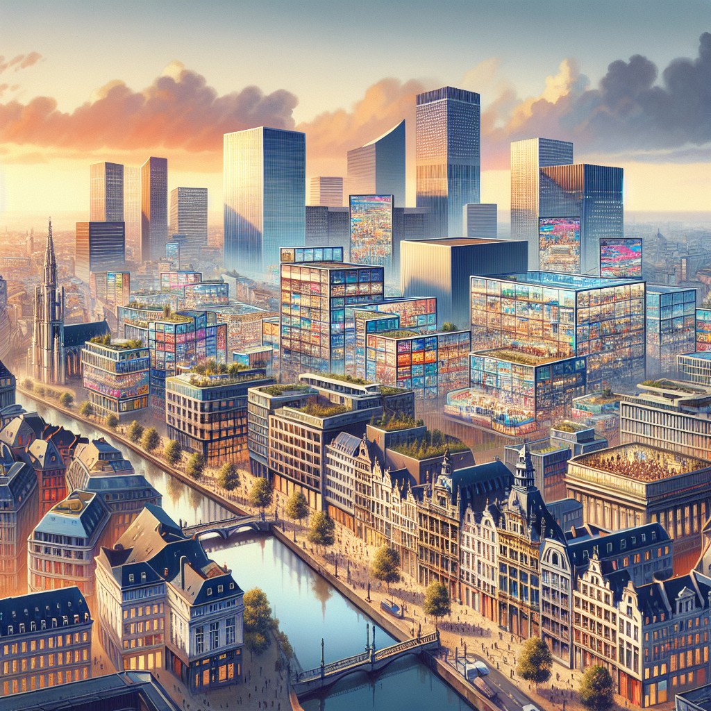 Vue panoramique de Bruxelles, illustrant l'essor technologique belge avec des bâtiments modernes et des hubs d'innovation.