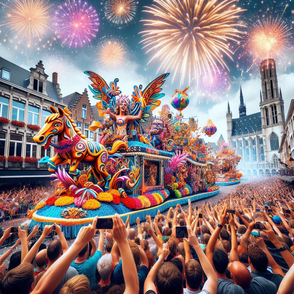 Vibrant scene of colorful parade floats amidst a festive crowd in Liège.
